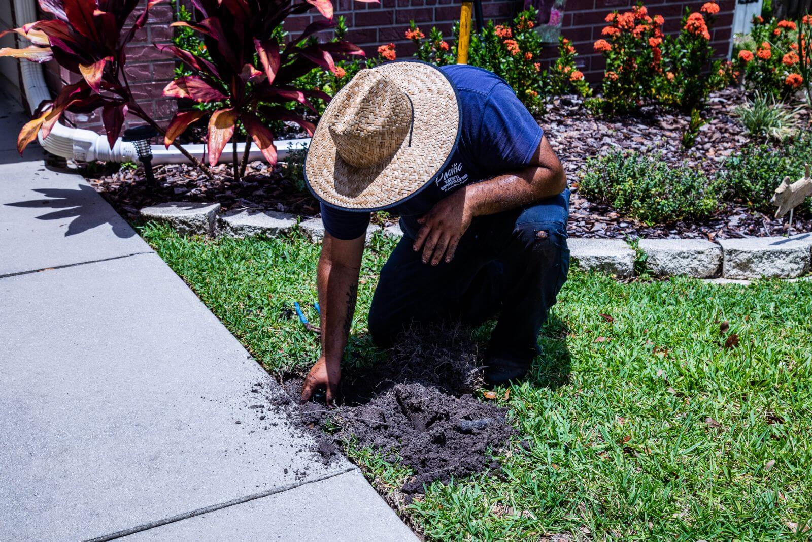 A person wearing a straw hat kneels on the lawn, tending to a small patch of soil next to a concrete walkway, surrounded by flowering plants.