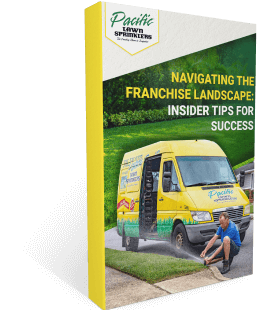 Book titled "Navigating the Franchise Landscape: Insider Tips for Success" by Pacific Lawn Sprinklers, featuring a yellow service van and a person adjusting a sprinkler on the cover.