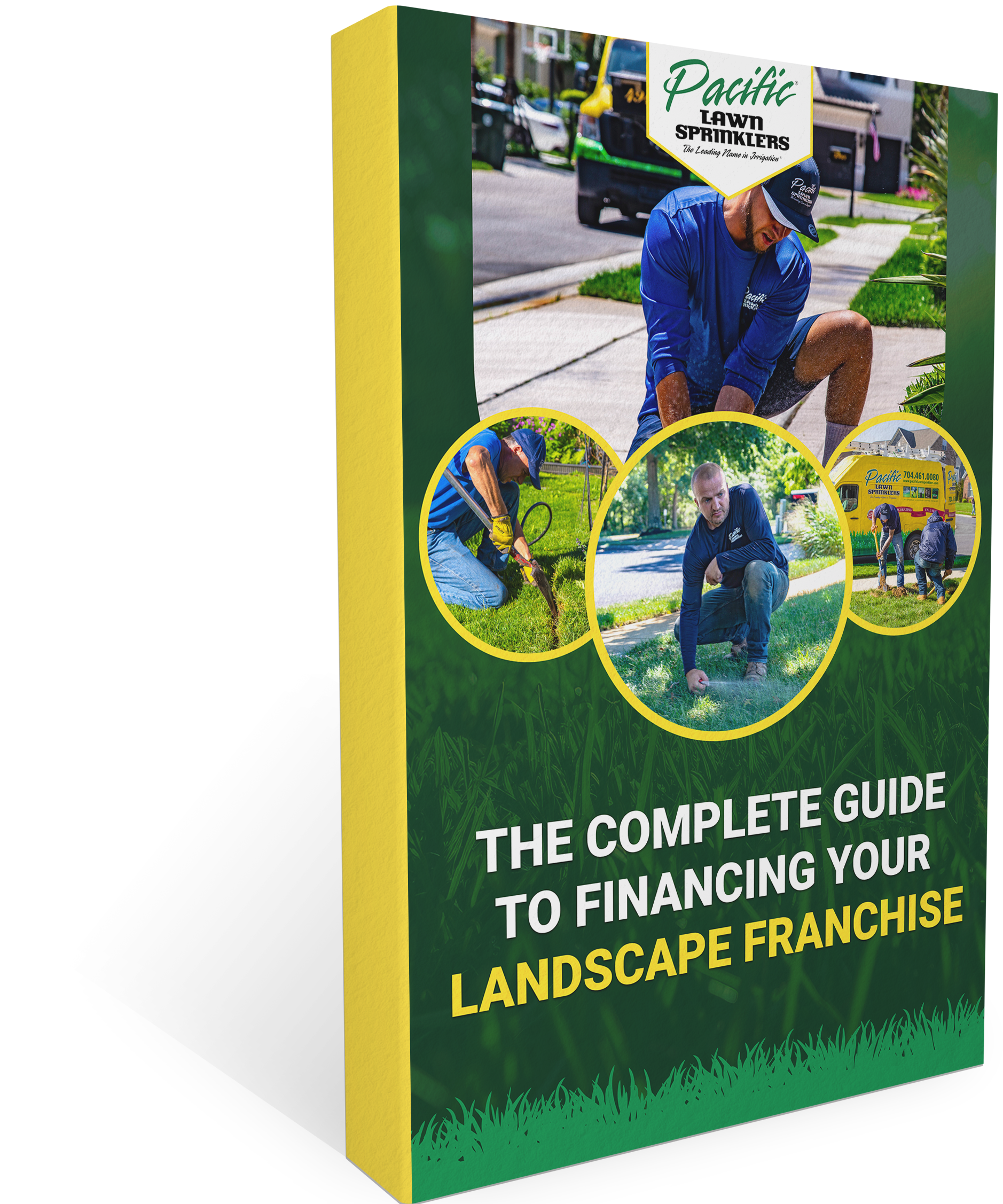 Cover of "The Complete Guide to Financing Your Landscape Franchise" featuring images of people working on lawns.